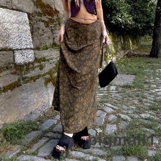 BIGMALL-Women Retro Style Skirt, Tawny Leaves Printed Pattern Low Waist Flowy Zip Up Skirt, S/ M/ L