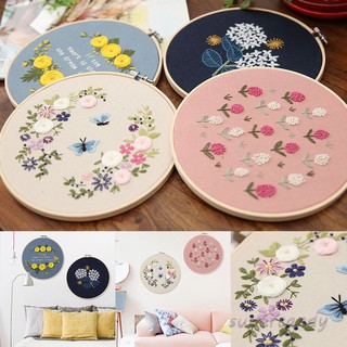 DIY Embroidery Starter Kit Pre Printed Needlework Flower Pattern Color Threads with Embroidery Hoop