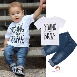 ❤XZQ-Boys Set Newborn Kid Baby Boy Clothes Denim Letter Printed Outfits Set (1)