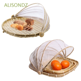 ALISONDZ Bamboo Food Bread Cover Woven Wicker Basket Fruit Tray With Gauze Handmade Dishes Bug Proof Anti Flies Kitchen Helper Dust Cover