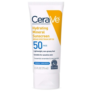CeraVe 100% Mineral Sunscreen SPF 50 Face Sunscreen with Zinc Oxide & Titanium Dioxide for Sensitive Skin 2.5 oz, 1 Pack