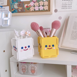 CH丨Cute Smiley Silicone Pen Holder Desktop Desk Organizer Multifunction Makeup Brush Holder Storage Box Office School DIY Supplies Stationery