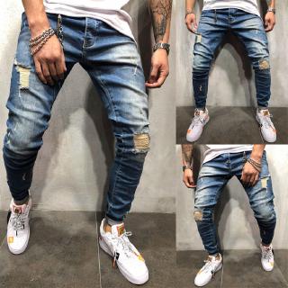 Men Ripped Skinny Biker Embroidery Jeans Destroyed Hole Slim Fit Denim Scratched Jeans Trousers J3