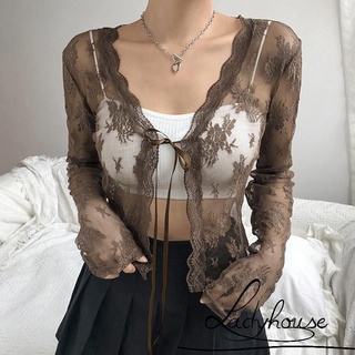LD-Women´s Sexy Sheer Shrug, Casual Long Sleeve Tie Up Floral Lace Cropped Cardigan
