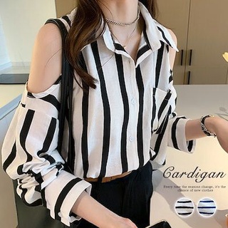 2021Japanese and Korean New Korean Style New Design Sense off-the-Shoulder Sleeves Long Sleeve Chiffon Striped Shirt for