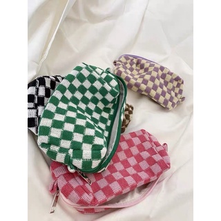 INSTOCKS | Korea Checkered Knit Pouch | Make-up Pouch | Large Capacity | Organiser