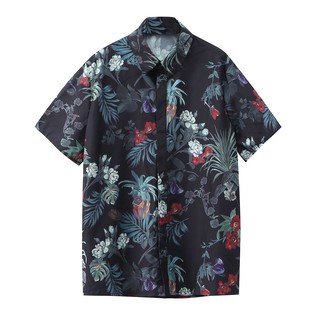【Handsome W】Men Summer Printed Slim Fit Short Sleeve Stand Collar Button Shirt Top Blouse