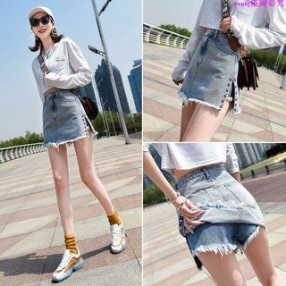 [Qingyu] Denim Skirt Short High Waist All-Match a-Line ins Super Hot Culottes Fashion Japanese Korean Street Slimmer Look Legs Long Raw Edge Genuine Girl