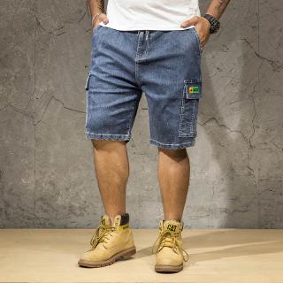 Plus Size Men's Cargo Shorts Stretchable Denim Jeans Short with Pockets Drawstring Waist