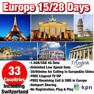Europe SIM CARD 33Countries 15/28Days 1.5GB/3GB 4GData, Unlimited Low Speed Data