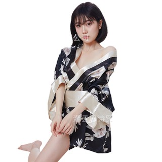 ✇◕❒Sexy bathrobe, large size satin printed Japanese kimono, lace temptation uniform nightdress set1