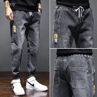 ▼◕₪Large-size jeans men’s trousers, gray tie-off jeans, autumn and winter student tooling, harem pants, loose Korean style trendy all-match pants