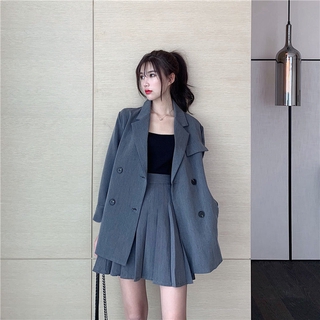 Two Piece Set Korean Women's Long Sleeve Blazer+high Waist Pleated Skirt Plus Size