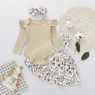Newborn Toddler Baby Girl Clothes Set Long Sleeve Romper Top + Suspender Skirt with Headband 3PCS Outfit