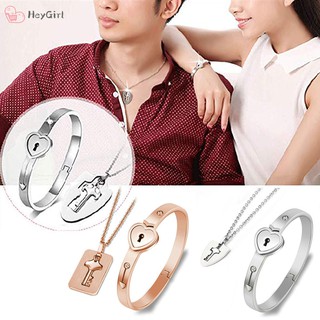 ♥♣♥ Couple Bracelet Necklace Set Stainless Steel Love Heart Lock Jewelry Set (1)