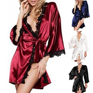 Women's Lace Trimmed Short Kimono Robe Nightwear Nightgown Sleepwear Sexy Silky