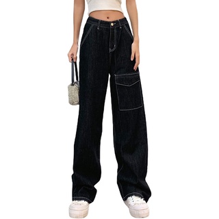 Women 's High Waist Wide Leg Straight Denim Jeans Y2K Baggy Trousers Streetwear Fashion Cargo Pants with Pockets