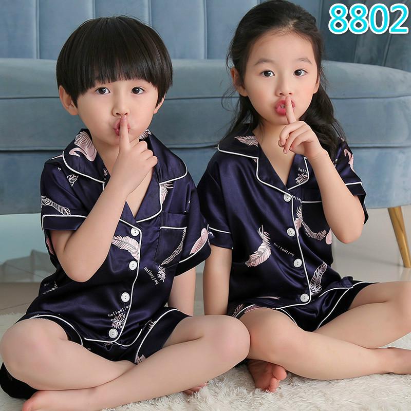 Girls Summer Pajama Suit Children Silk Children's Set Short-sleeved Home Wear Boys Sleepwear