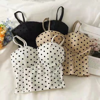 Korean Style Wireless Push-Upper Support Beautiful Back Bra Fashion All-Match No Steel Ring Short Sleeveless Top Mesh Polka Dot Sling Off-The-Shoulder Bottoms Vest Underwear Ladies Gathering Comfortable Breathable Cup
