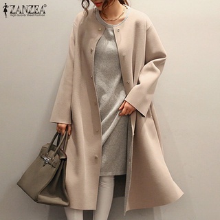 ZANZEA Women Side Pockets Solid Color Open Front Full Sleeve O-Neck Long Coat (1)
