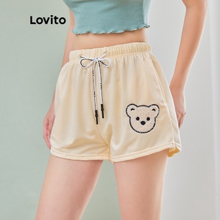 Lovito Bear Pattern Casual Loose Mid Waist Shorts STSQYP2169 (Beige)