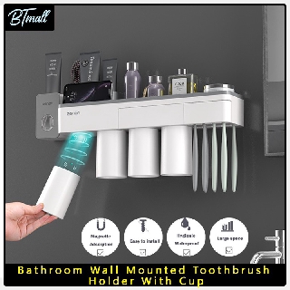 ECOCO Bathroom Wall Mounted Toothbrush Magnetic Holder | Automatic Toothpaste Dispenser | Squeezer with Cup Phone Holder