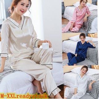 Women Ice Silk Satin Set Baju Tidur Pyjamas 3/4 Sleeve Dress Sleepwear Nightwear
