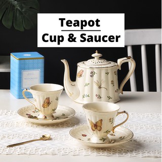 【SG】Porcelain Teapot Teacup Saucer 800ml Botanical/Butterfly/Garden Design Trimmed In Gold for High-tea/Afternoon Tea