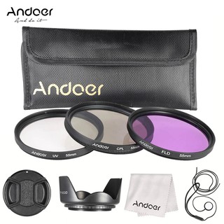 Andoer 55mm Filter Kit (UV+CPL+FLD) + Nylon Carry Pouch + Lens Cap + Lens Cap Holder + Lens Hood + Lens Cleaning Cloth