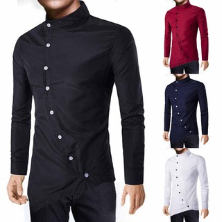 Men Irregular Long Sleeve Luxury Casual Shirts Slim Fit Stylish Dress Shirt Top
