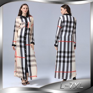 L-7XL Women Plaid Muslim Long Sleeve Large Size Lattice Cardigan Maxi dress 9072
