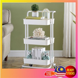 [Shop Malaysia] 3 Tier Kitchen Trolleys iron art Plastic basket can move Storage Organizer Shelf kitchen Furniture Beauty trolley