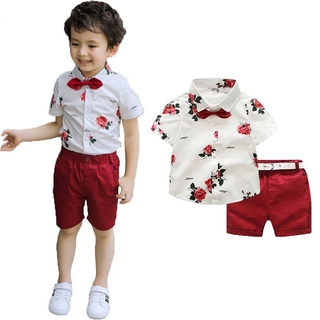 2PCS/Set Kids Boy Clothes Flower Tie Shirts+Shorts