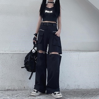 Techwear Gothic Black Cargo Pants Women Streetwear Hollow Out Punk Wide Leg Oversize Pockets Trousers For Female Hip Hop