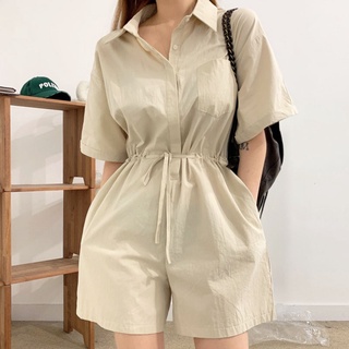 Korean-StylechicSummer Lapels Loose All-Matching Drawstring Lace-up Short-Sleeved Jumpsuit Workwear Straight Shorts Women