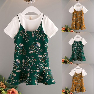 Toddler Baby Girl Kids Clothes Floral T shirt Tops Casual Overalls Dress Set