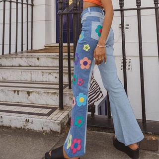 2021 Vintage Floral Print Y2K Aesthetic Patchwork Denim Flare Casual High Waist Pants Straight Women Trousers Flare Baggy Jeans