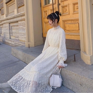 Literary French Vintage Waist Lace Long Sleeve Dress