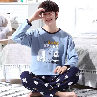 Korean Sleepwear Cartoon Three Bear Pajamas Men's long sleeve Pajama Set Home Wear Men's Cotton Pyjamas Sleepwear