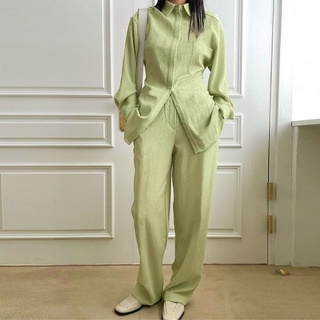 Fashion solid color women's new two-piece green long-sleeved shirt casual top and trousers suit