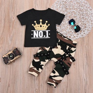 🍒 Lifetime 🏝Cool Kids Boys Clothing Sets Number One Crown Shirt +Camouflage Long Pants