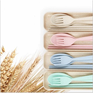 3 Pcs/lot Portable Eco friendly Wheat Straw Cutlery Travel Tableware Set (1)