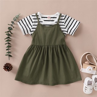 Kids Baby Girl Clothes Set Striped Short Sleeve Summer Suit T-shirt Top + Suspender Skirt 2PCS Outfit