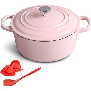 24CM Enameled Dutch Oven with Self Basting Lid Household Cast Iron Soup Pot Non-stick Enamel Pot with Silicone Gloves and Anti-hot Silicone Shovel
