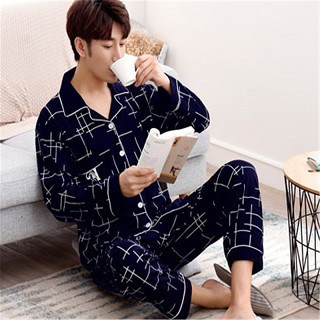 Male Sleepwear and Pajamas Nightgown Set High Quality Long Sleeve Cotton for Men's Nightwear Clothing