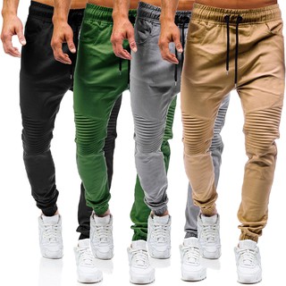 Casual Trousers Men Pants Joggers Sweats Solid color Wrinkles Tether Harlan Trousers Men Army green khaki