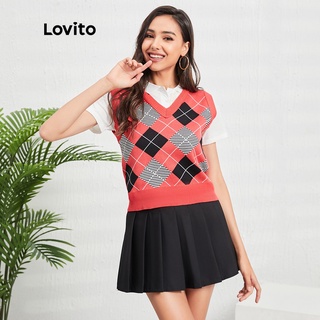 Lovito Casual Plaid Round Neck Sleeveless Knit Tops L07164 (Red)