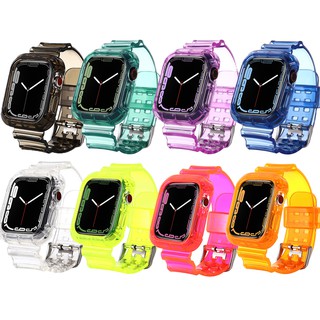 Ready Stock！For Apple watch transparent candy jelly strap Neon Glacier watch strap iwatch series 7 6 5 4 3 2 1 SE anti-fall integrated strap TPU case 38mm 40mm 41mm 42mm 44mm 45mm