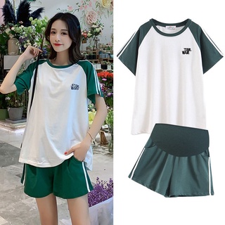 Maternity suit short-sleeved shorts top fashion western style two-piece sports shorts tide mom孕妇装套装短袖短裤上衣时尚洋气两件套运动短裤潮妈10.22 Hot sale