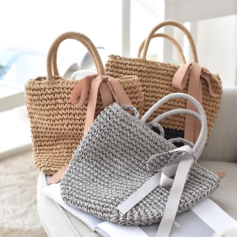 Ribbon straw bag holiday woven bag beach bag handbag (1)